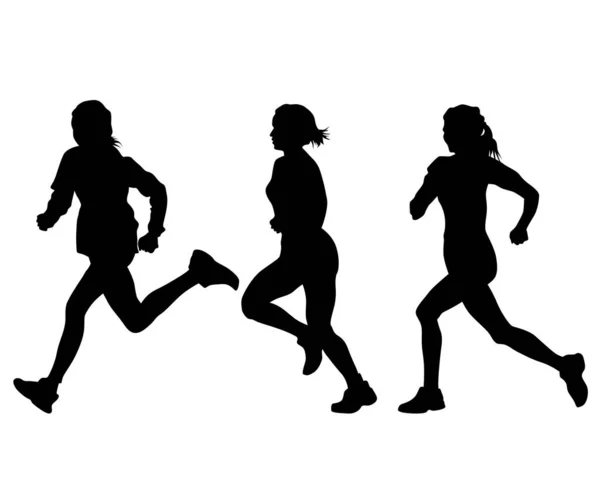 Jovens Atletas Mulheres Correm Uma Maratona Silhuetas Isoladas Sobre Fundo —  Vetores de Stock