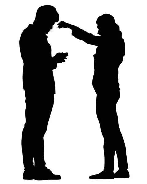 Young Man Woman Standing Next Each Other Isolated Silhouette White — Stock Vector
