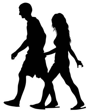 Genç adam ve kadın yan yana duruyorlar. Beyaz arka planda izole edilmiş siluet