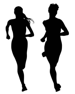 Genç sporcular bir maraton koşar. Beyaz arkaplanda izole edilmiş siluetler