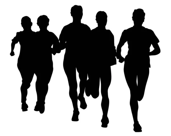 Young Athletes Women Run Marathon Isolated Silhouettes White Background — Stock Vector