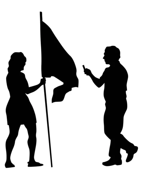 Människor Med Stora Flaggor Isolerade Silhuetter Människor Vit Bakgrund — Stock vektor