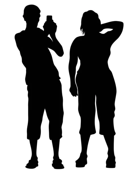 Young Man Woman Standing Next Each Other Isolated Silhouette White — Stock Vector