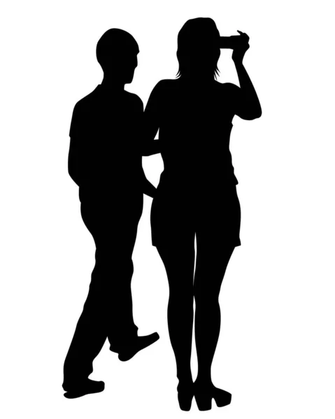 Young Man Woman Standing Next Each Other Isolated Silhouette White — Stock Vector