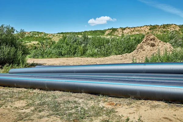 Polyethylene Pipes Laid Pipes Lying Background Roadside Yard Copying Platform — Stock Photo, Image