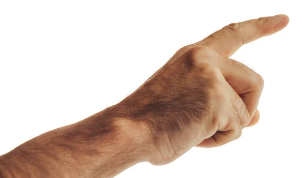 Male hand close up. Person points direction with his finger. Index finger of male hand on white background. Isolated fragment of mans hand. Directions route gesture. Human finger. — Stock Fotó