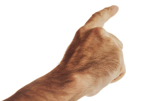 男性の手を閉じてください 人は指で方向を指す 白い背景に男性の手のインデックス指 男の手の隔離された断片 — ストック写真