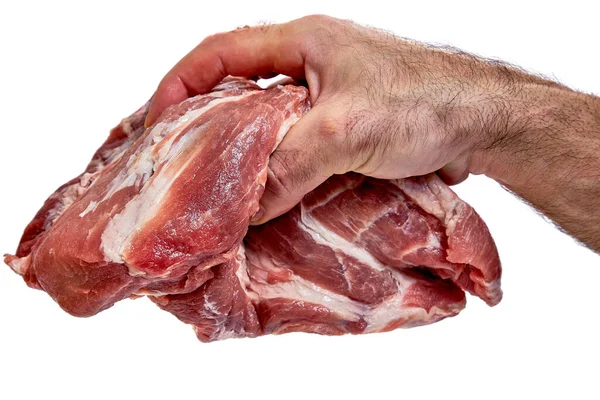 Hand Som Håller Bit Rått Fläsk Hals Vit Bakgrund — Stockfoto