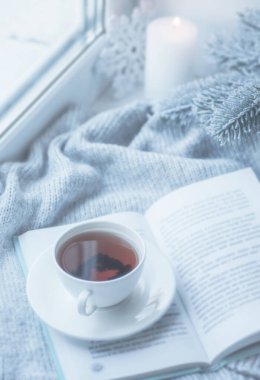 Cozy kış Natürmort: bir fincan sıcak çay ve pencere dışında kar manzara karşı sıcak ekose ile kitap.