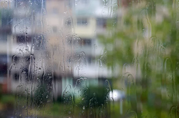 Gotas Lluvia Superficie Las Gafas Ventana Con Fondo Bokeh —  Fotos de Stock