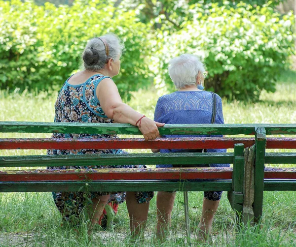 İki yaşlı kadın bankta otururken konuşuyor. Eski kız arkadaşlar parkta dinleniyor. Emekliler parkta bankta oturarak zaman geçirirler..