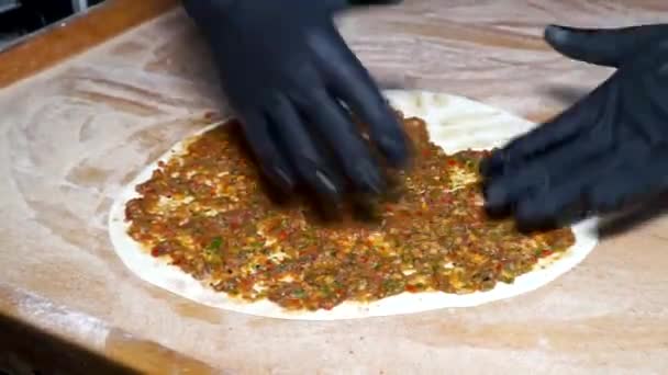 Turecki Żywności Pizza Turecka Lahmacun — Wideo stockowe
