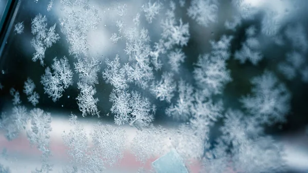 Snow Crystals Formed Window Cold Months Winter — Stock Photo, Image