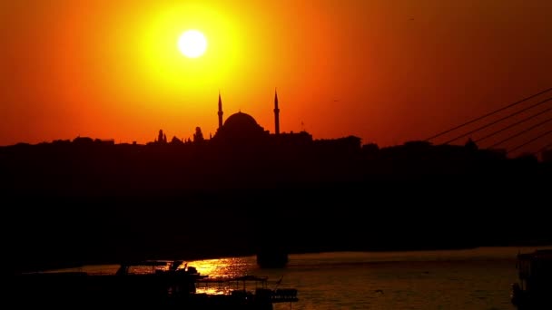 イスタンブールの有名な街のSuleymaniyeモスクの後ろの夕日 — ストック動画