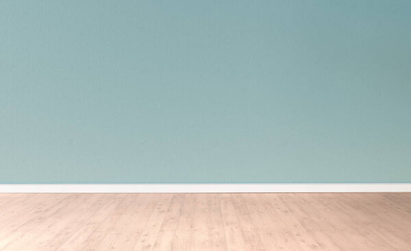 Light blue textured wall and wooden floor in empty room for displaying your product, light coming through window. 3D illustration.