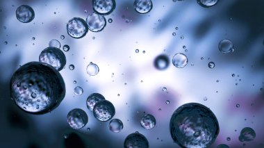 Mavi metal toplar üç boyutlu yüzerler. Sıvı küreden ayrılan ve birbirine bağlı küçük molekül parçacıkları. Makro dünya yakın çekim