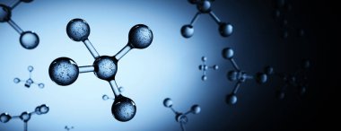 Birçok 3D moleküller berrak mavi alan arka planında birlikte yüzerler.