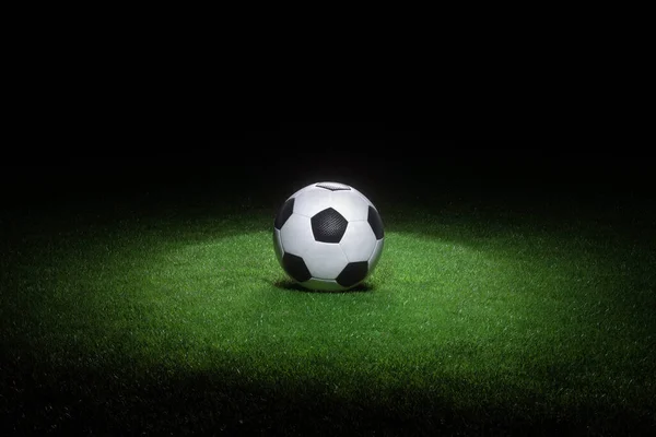 Black White Leather Football Ball Laying Fresh Green Grass Highlighted — стоковое фото