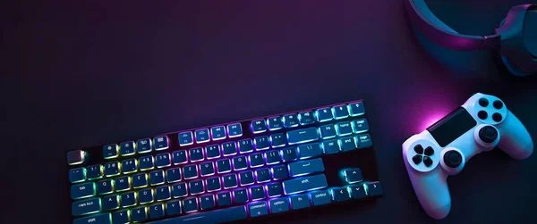 Top View Colorful Illuminated Gaming Accessories Laying Table Professional Computer — Stok fotoğraf