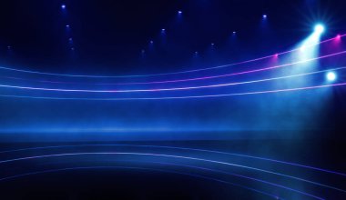 Large modern game show stadium with neon lights shining into fog. Colourful lights in dark. Template for adding your content.