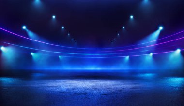 Büyük mavi neon dijital stadyum geceleri ışıklandırılıyor ve arka planda boş bir sahne ışığı var. Uzay neon spor şablonunu kopyala.
