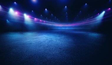Illuminated dark concrete surface surrounded by modern neon colour lights. Computer graphic background or sports stadium. Template for adding your content.