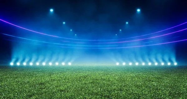 Abstract green football pitch stadium background illuminated by textured green pitch ground. Science, product and sports technology concept