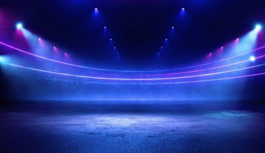 Computer graphic of modern sports arena with neon lights shining into fog. Template for adding your content.