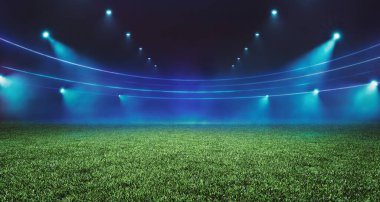 Grand football stadium green pitch view illuminated by spotlights and illuminated spectator stand. Sport theme digital 3D background advertisement illustration design