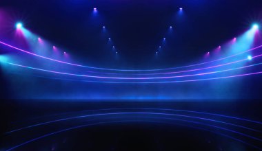 Abstract blue color lines on black background illuminated by top lamps. Dynamic curves and blues pattern. Game and show concept