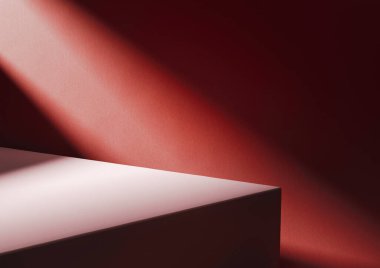 3D illustration of wooden board corner at red wall lit by diagonal light stripe. Computer rendering product background.