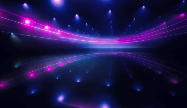 Neon Abstract Digital Disco Background Reflective Stage Room Beams Lights — 图库照片
