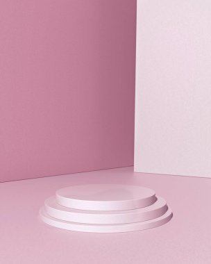 Bright pink 3D pastel podium ; pedestal backdrop. Pinkish minimalistic design product 3D render room stage