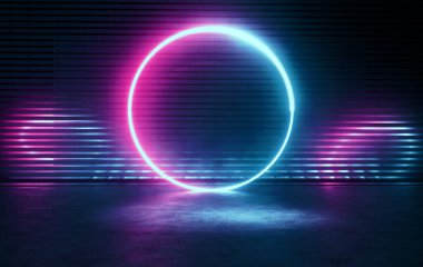 Neon colour ring and horizontal blinds reflecting light in background. Template for adding your content.