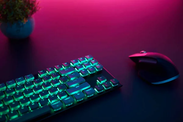 High Angle View Backlighted Keyboard Mouse Laying Desk Purple Light — Stok fotoğraf