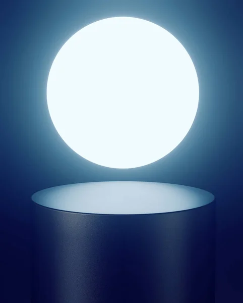 Night theme, dark empty pedestal and white round glowing light in background. 3d computer graphic template of displaying place for your products. Blank template.