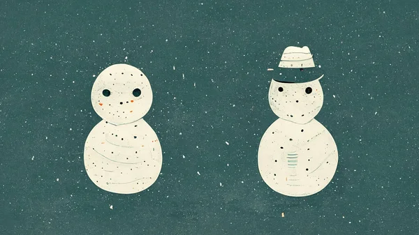 Two minimalistic snowmen stand together isolated on light green background with snow flakes backdrop. Winter xmas new year postcard design illustration with copy blank space