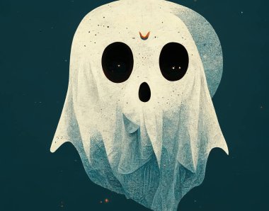 Yeşil arka planda izole edilmiş komik şirin Cadılar Bayramı hayalet yüzü çizimi. Küçük şirin cadılar bayramı hayaleti korkunç, tasarımın arkasında ay var.