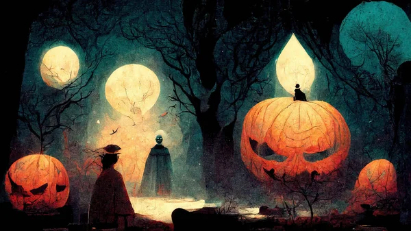 Mystical scary landscape at night with person silhouette, trees and giant angry pumpkins on spooky night. Halloween night scene vector seasonal halloween background