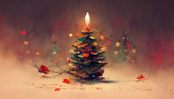 新年圣诞树 上面挂着蜡烛 隔离在房间的背景中 手绘古董卡设计理念 节日贺卡图解明信片 图库照片