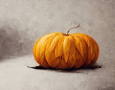 Tek portakallı Cadılar Bayramı balkabağı, arka plandaki gri odada fotokopi alanı ile izole bir şekilde duruyordu. Çizim tasarımı illüstrasyon hediye kartı duvar kağıdı tasarımı sanatı