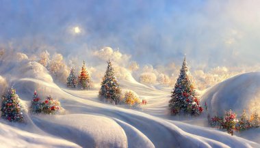 Kış köknar ağacı harikalar diyarı güneş ışığıyla Noel sahnesi. Ormandaki Xmas ağaçlarının ışıkları karla kaplı. Çelenk ışıklarıyla birlikte bayram tatili arka planı