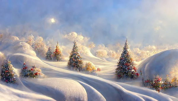 冬冷树仙境 阳光普照的圣诞场景 森林里的圣诞树闪烁着圣诞灯 覆盖着积雪 节日圣诞背景 配上花环灯 图库图片