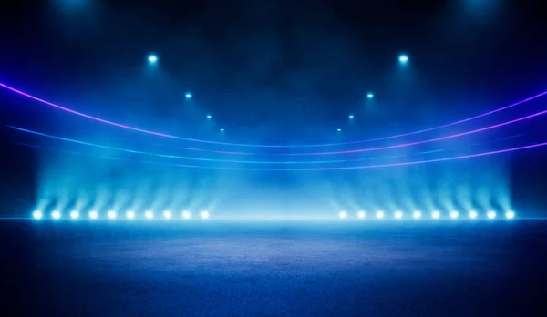 Abstrakter Blauer Neonstadionhintergrund Der Mit Lampen Boden Beleuchtet Wird Hintergrund lizenzfreie Stockfotos