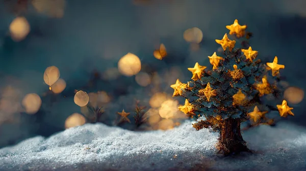 用闪闪发光的星形花环在聚焦的圣诞夜中关闭单棵圣诞树 闪闪发光的魔法森林 玩具喜庆的森林背景 3D插图设计明信片 免版税图库图片