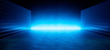 İki duvarla çevrili neon ışıklı, neon ışıklı bir vitrin odası. Soyut kopyalama alanı pankartı tasarım odası