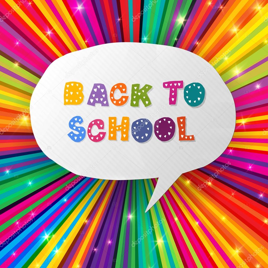 Back to school words in speech bubble on colorful rays. Vector i