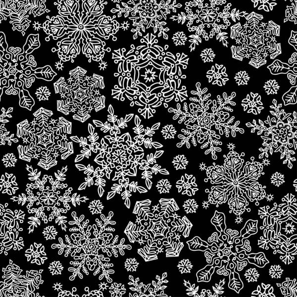 Seamless snowflakes pattern. White on black, vector, EPS8 — Stock Vector