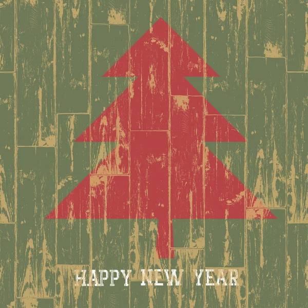 New year tree symbol with greetings on wooden planks texture. Ve — Stock Vector