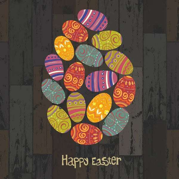 Easter eggs. Composed in one egg shape on wooden planks backgrou — Stock Vector